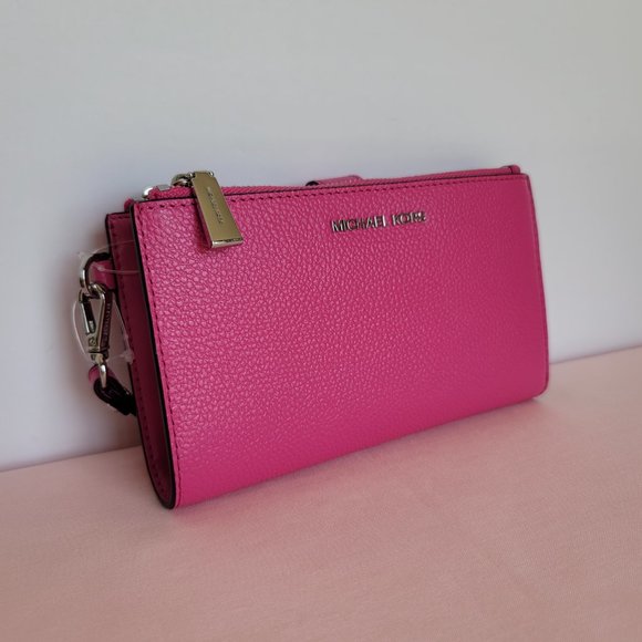 MICHAEL KORS Jet Set Double Zip Pebbled Leather Wristlet- Cerise 🎈$114.⭐ - Picture 4 of 16